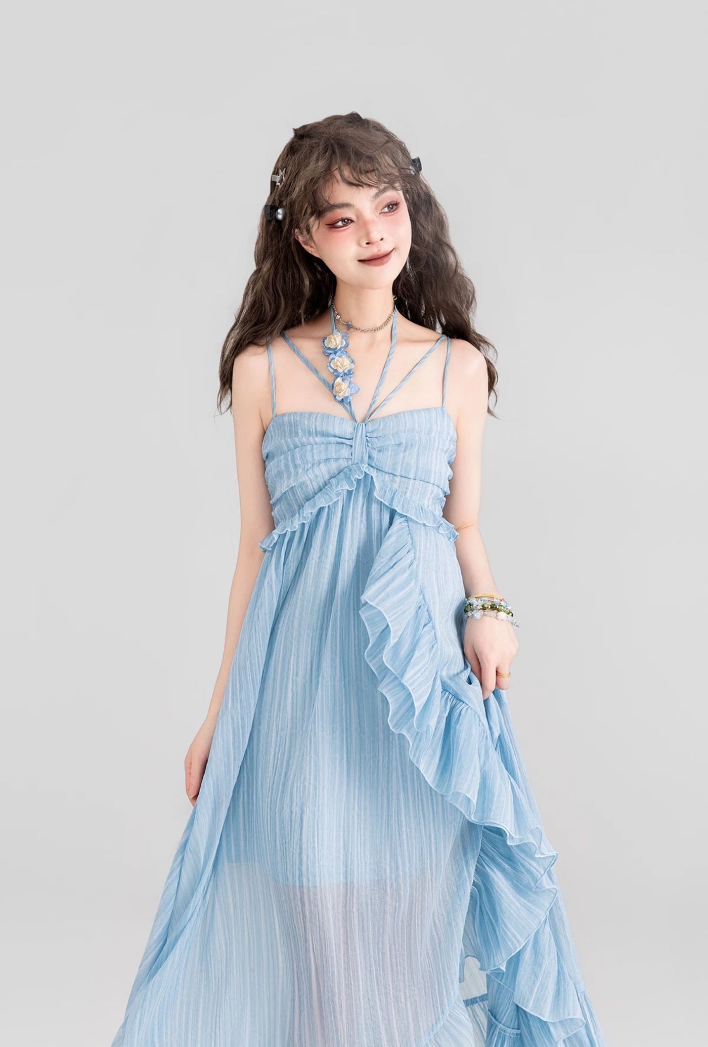 Fairy Ruffle Suspender Chiffon Long Dress KEI0094