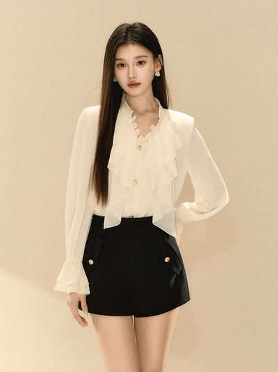 White V-neck Ruffle Shirt OSH0135