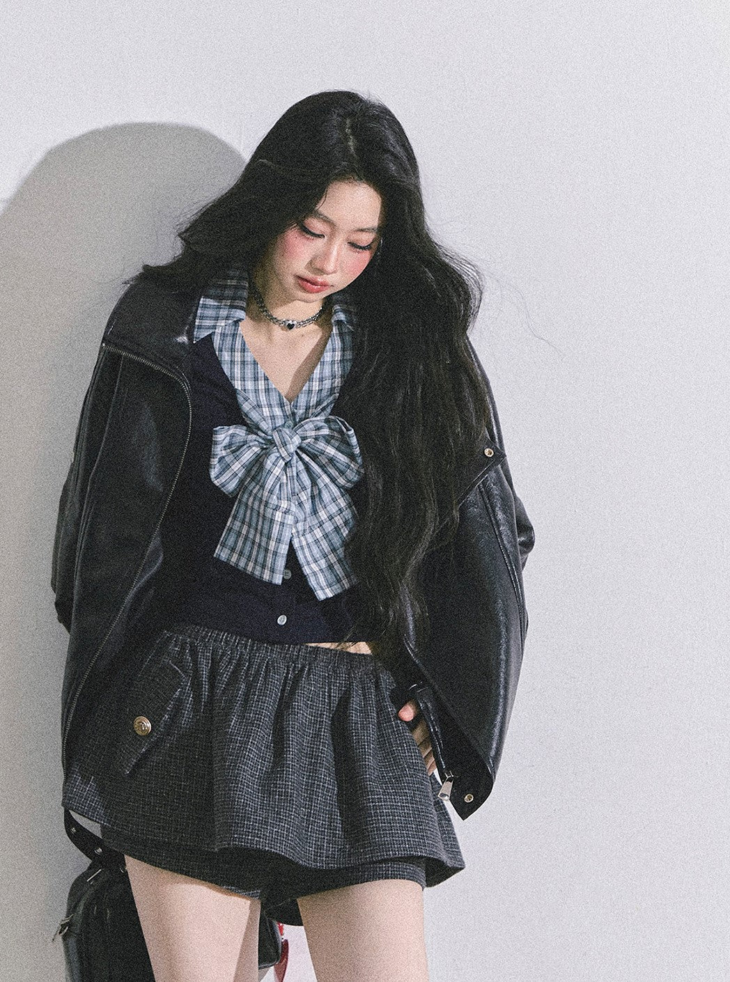 Fake Two-piece Bow Plaid Shirt DIA0599