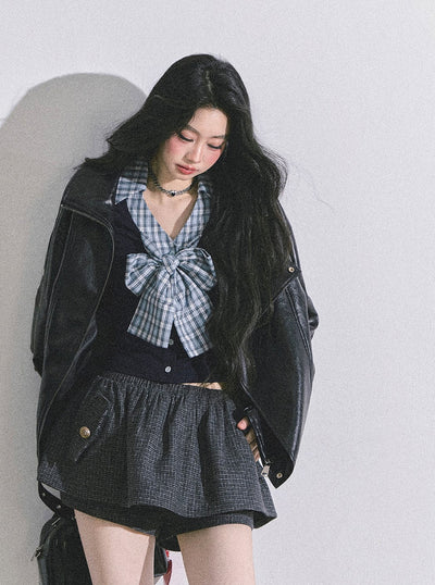 Fake Two-piece Bow Plaid Shirt DIA0599