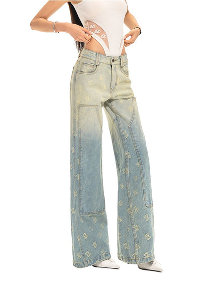 Gradient Washed Jacquard Workwear Patch Loose Wide-Leg Jeans NOT0214