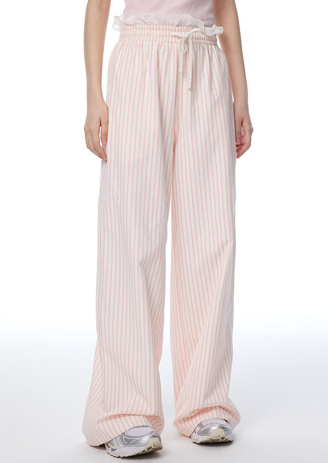 Pink Striped Pleated Lace Waist Casual Pants NTO0112