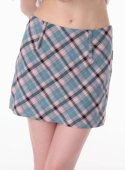 American Retro High Waist Slim Pink Blue A-line Plaid Short Skirt ZIZ0130