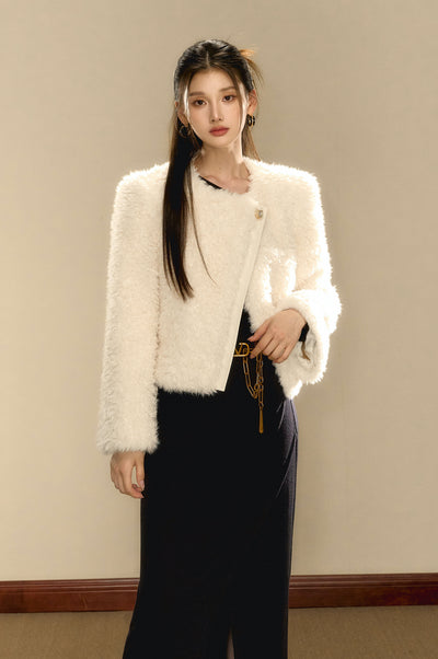 Eco-friendly Fur Asymmetrical Warm Iimitation Lambswool Short Jacket OSH0095