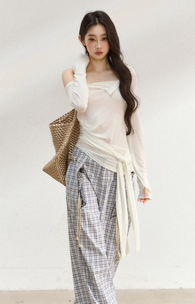 One Shoulder White Cross Strap T-shirt SHI0200