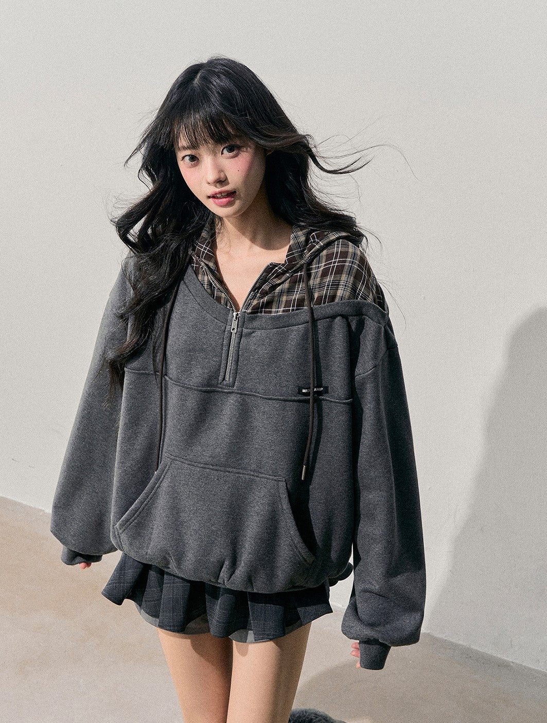 Faux Two-Piece Plaid Hooded Sweatshirt DIA0760