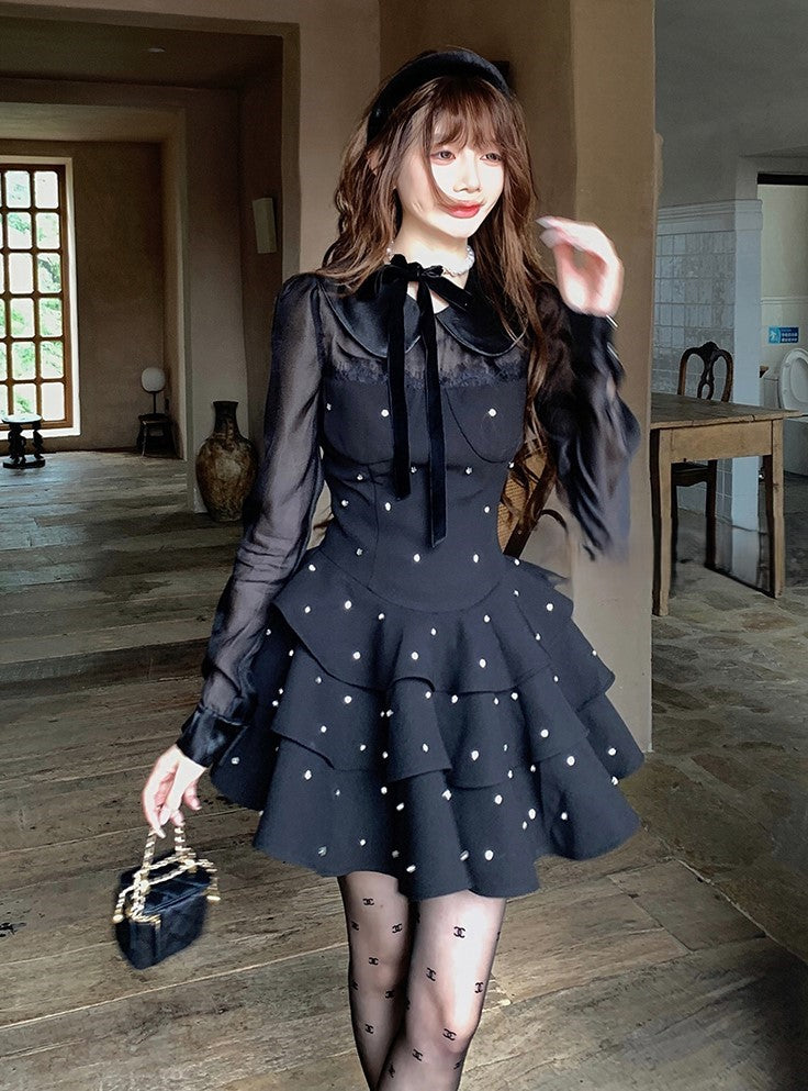 Black Satin Chiffon Long-sleeved Puffy Dress SIS0020