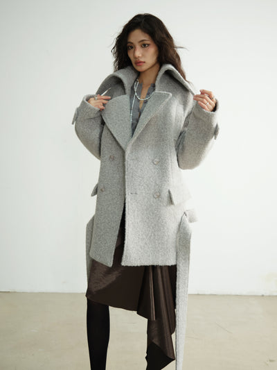 Large Stand-up Collar Gnderless Light Gray Woolen Coat JNY0185