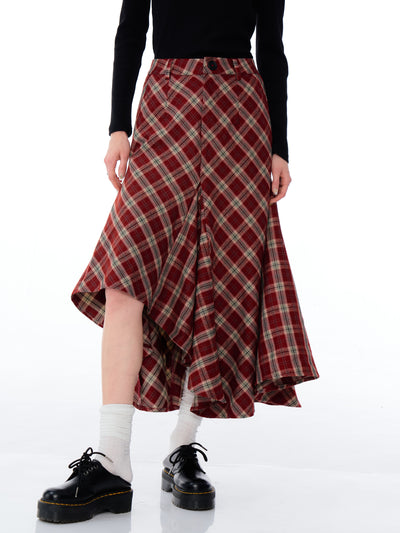 Retro High Waist Slim Medium Long Irregular Red Plaid Skirt ZIZ0190