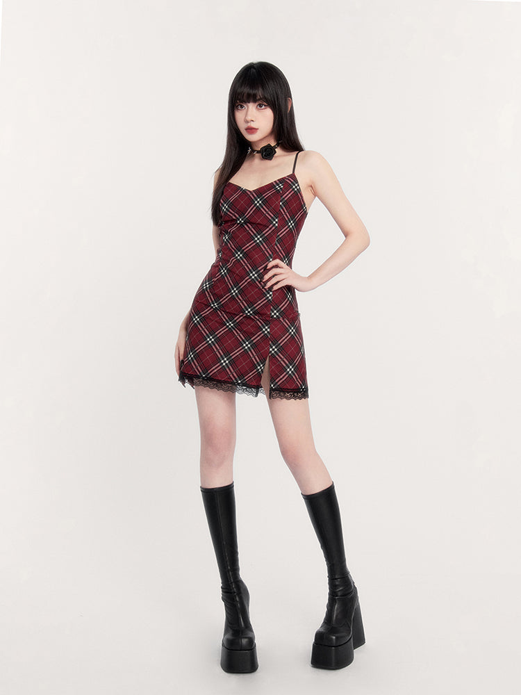 Red Plaid Split Lace Backless Suspender Short Dress VOC0225