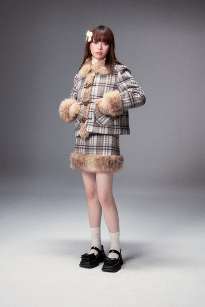 Woolen Plaid Furry Warm Jacket/Skirt LOS0013