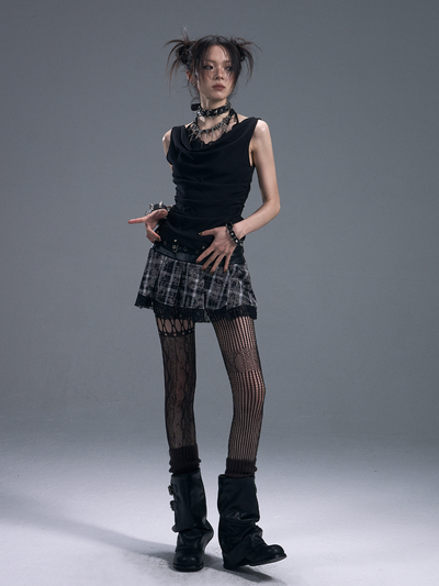 Punk Rock Plaid Double Belt Skirt FRU0091