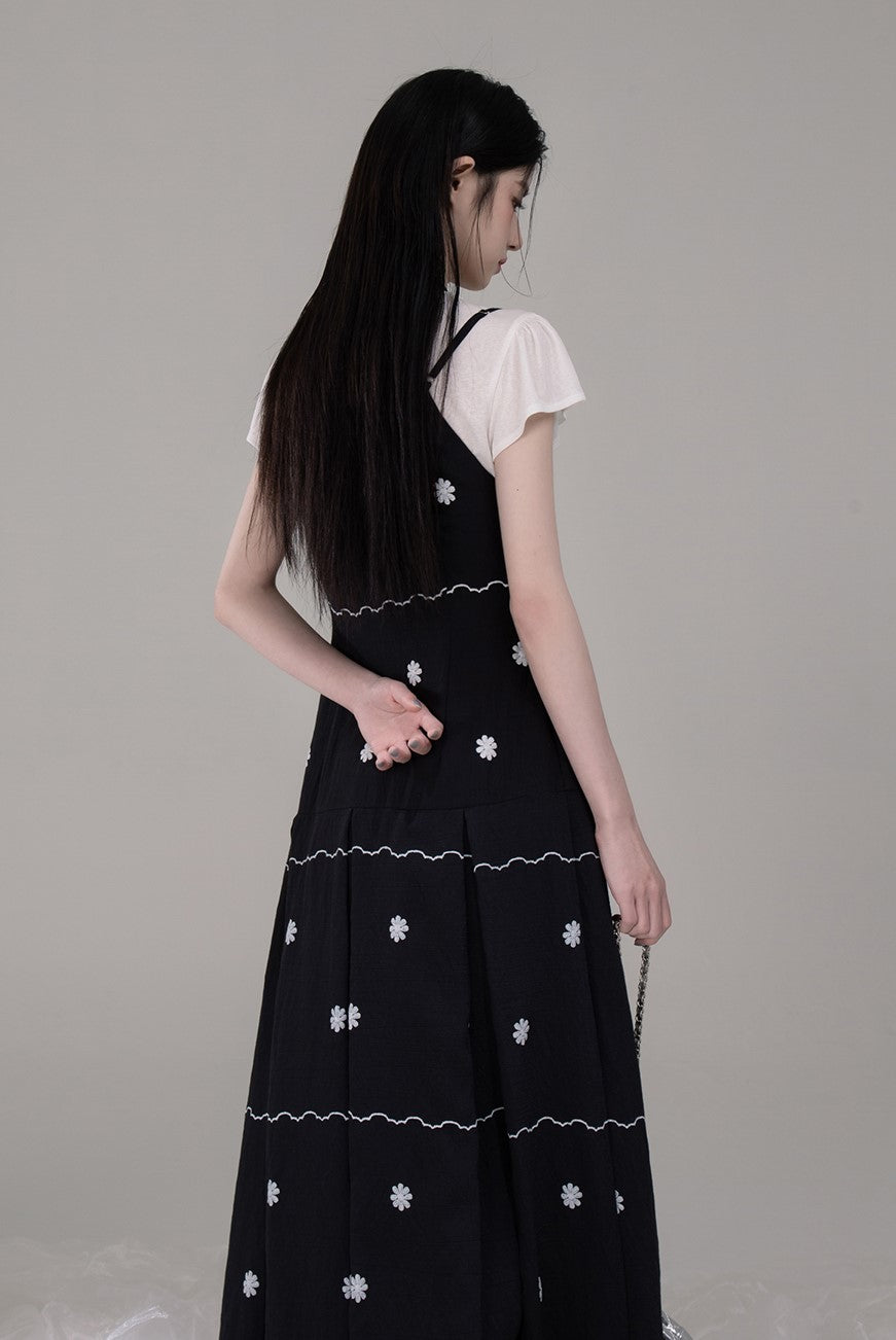 V-neck Shirt+Pleated Black Printed Dress COT0302