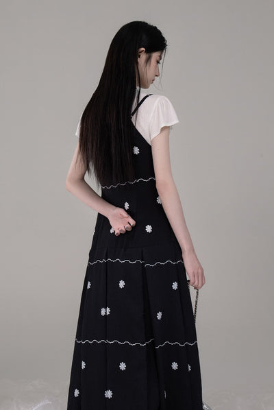 V-neck Shirt+Pleated Black Printed Dress COT0302