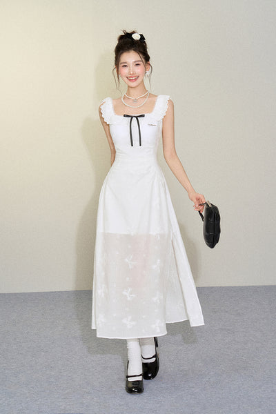 French Style White Bow Hollow Embroidery Square Collar Dress UND0076