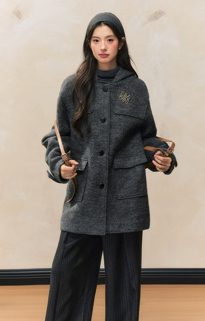 College Style Woolen Quilted Hooded Horn Button Coat SHI0088