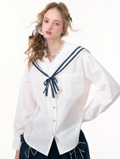 Navy Collar Lace Long-sleeved Shirt ZIZ0299