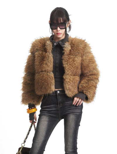 Brown Short Faux Fur Fluffy Coat UNC0332