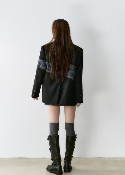 Plaid Stitching Design Mid-length High-end Wool Jacket VIA0161