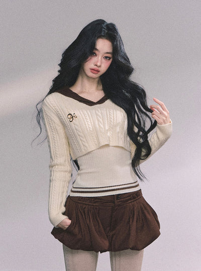 American Style Navy Collar Knitted Top+Vest DIA0616