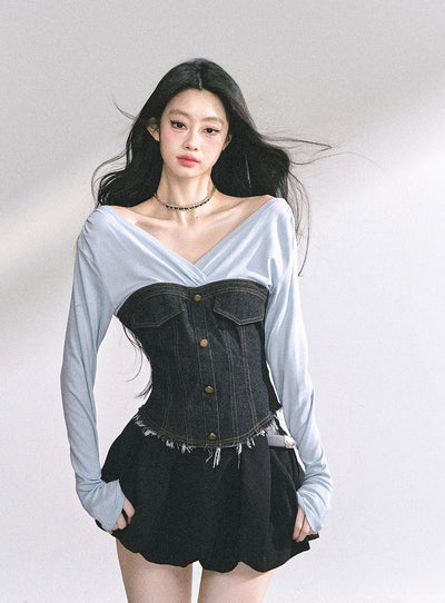 V-neck Cropped Denim T-shirt DIA0539