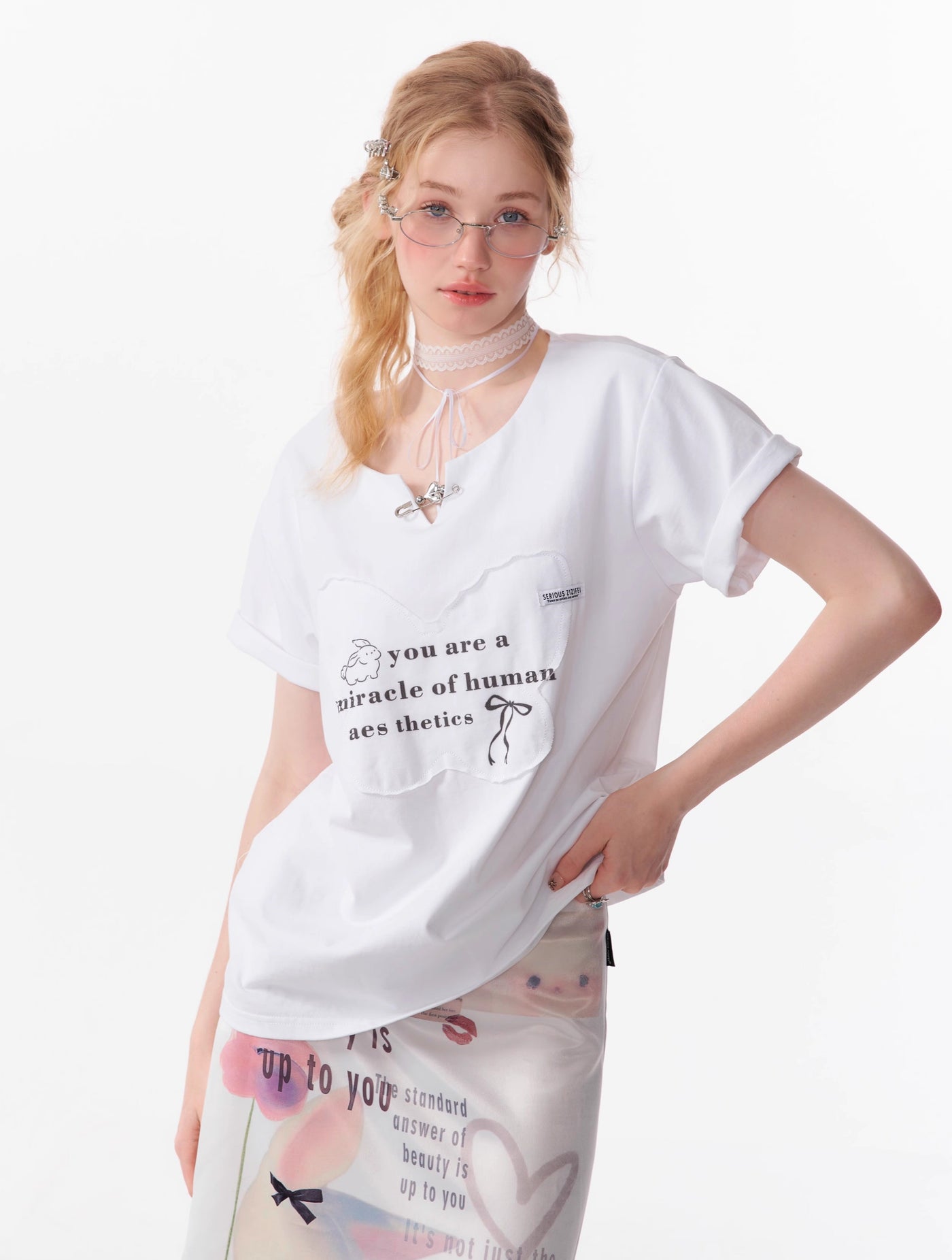 Butterfly Patch Embroidered Letter Print Loose Short-sleeved T-shirt ZIZ0107