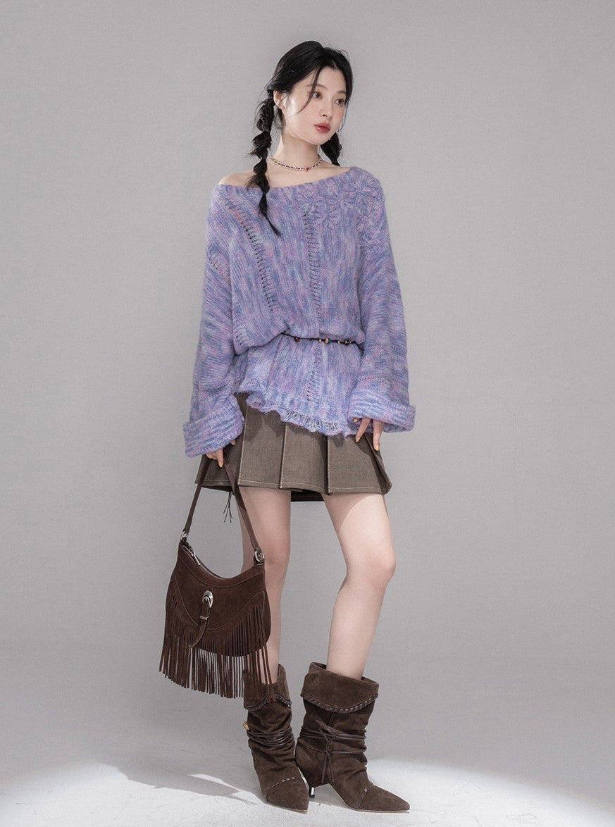 Purple Flower One Shoulder Sweater COT0363