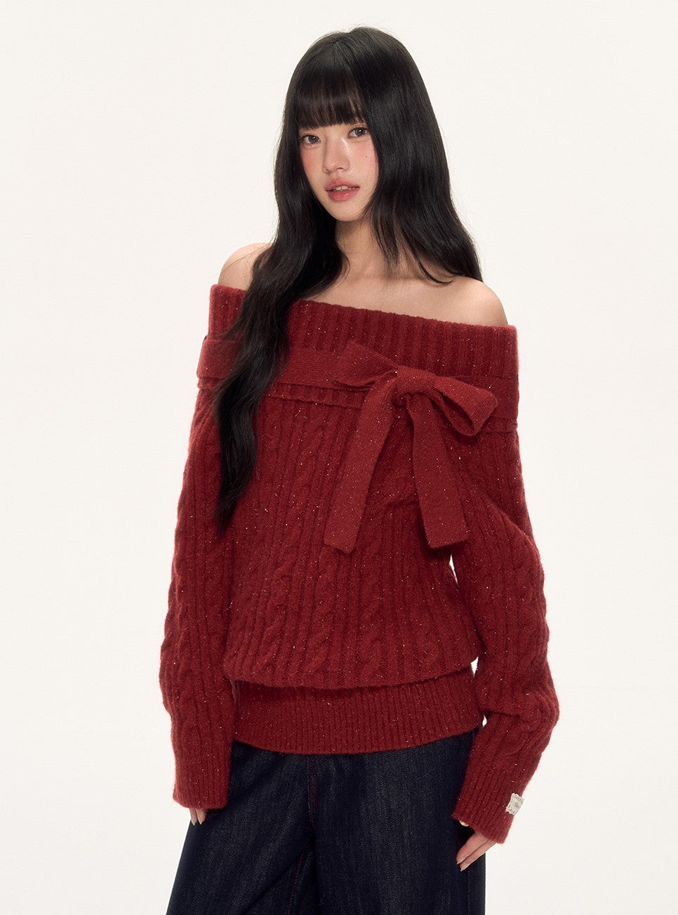 Red Off-Shoulder Bow Sweater WEE0088