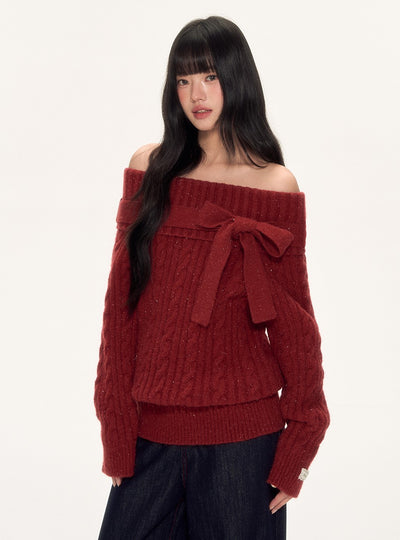 Red Off-Shoulder Bow Sweater WEE0088