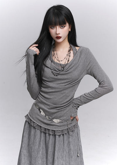 Off-Shoulder Long Sleeve Halter Neck Top LAD0231