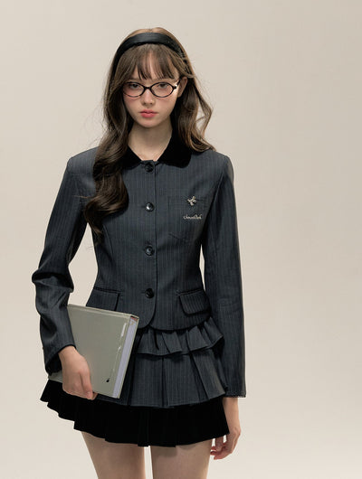 Gray Striped Suit Jacket/Cake Pleated Skirt SUN0080