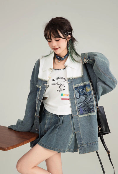 Literary Style Embroidered Denim Casual Jacket/Black Long Skirt KEI0122