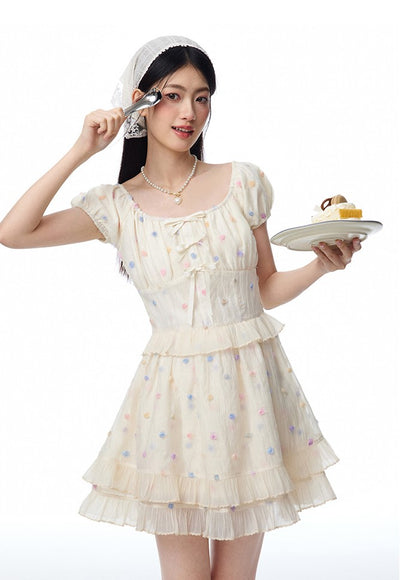 French Colorful Flower Embroidery Puff Sleeve Cake Dress NTO0100