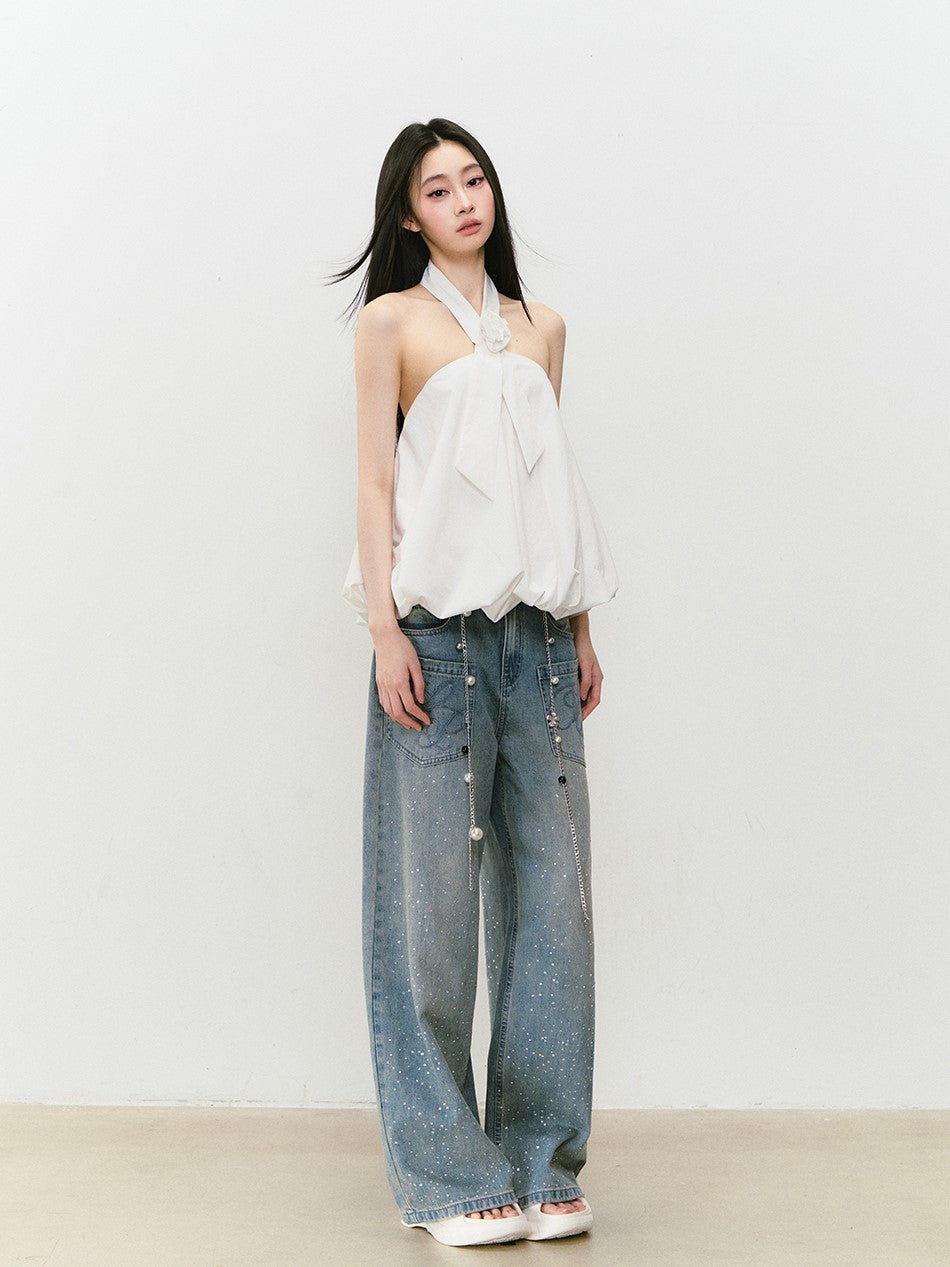 Rose Tie Fluffy Halter Neck Top VIA0301