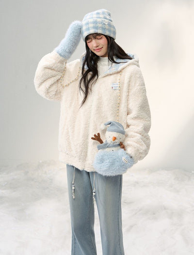 Plush Bear Ear Hooded Plaid Furry Jacket NTO0251