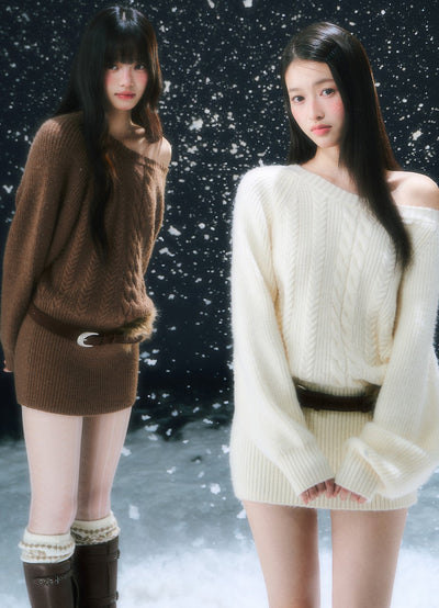 Off-shoulder Cable Knitted Dress WEE0102