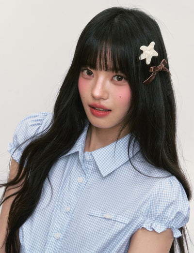 Lace Plaid Puff Sleeves Shirt WEE0042