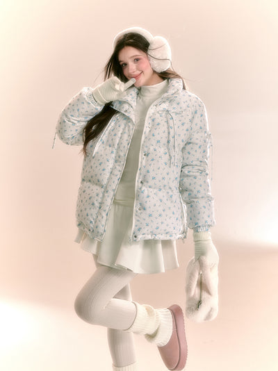 Little Floral Print Stand Up Collar Short Down Jacket QDQ0097