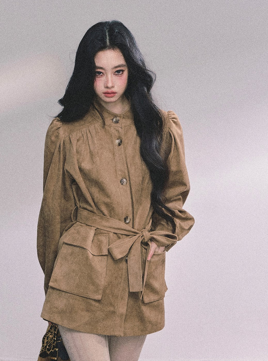 Coffee Brown Suede Stand Collar Jacket DIA0609