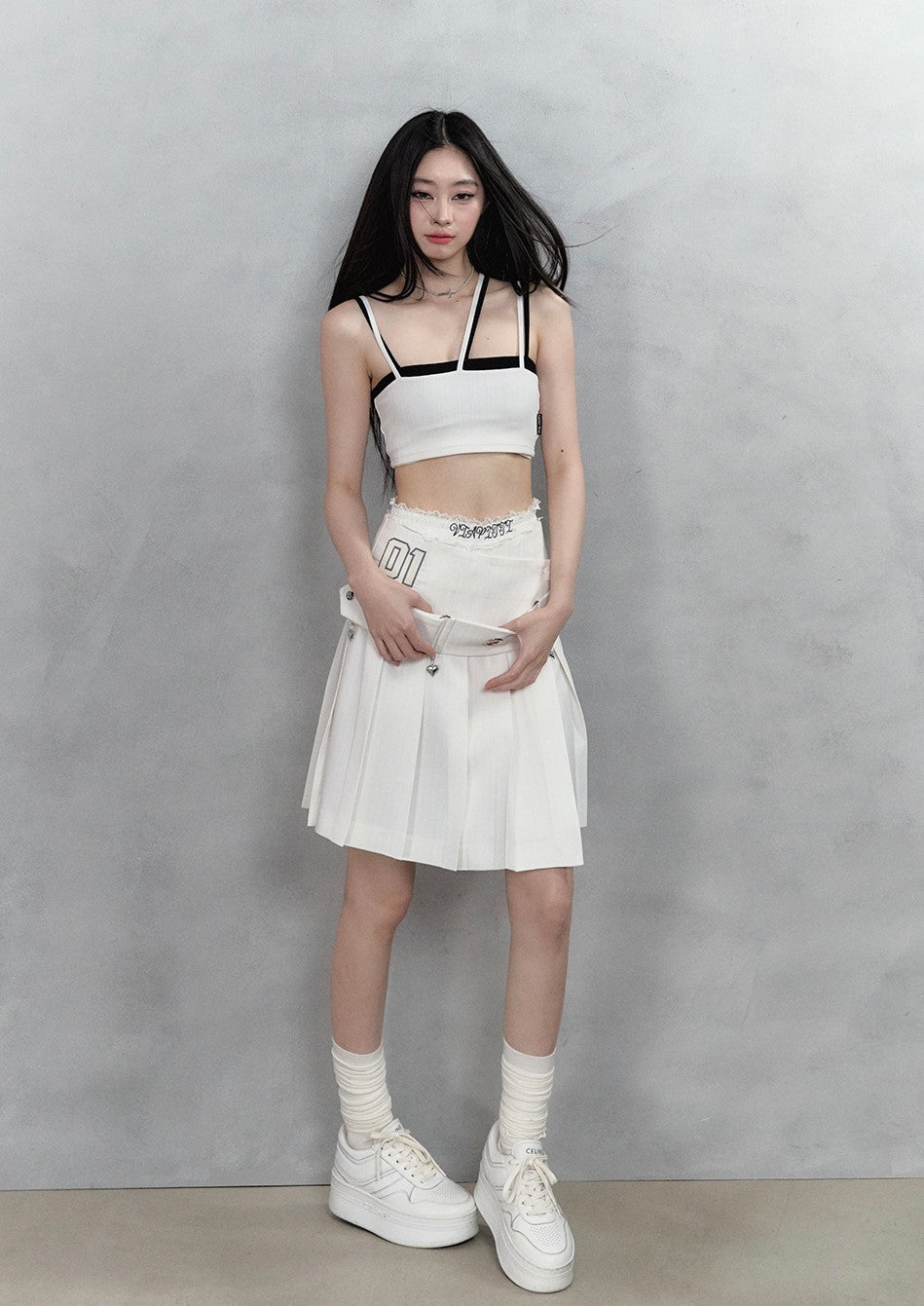 Irregular Waist Pleated A-Line Midi-Length Skirt/Belt VIA0135