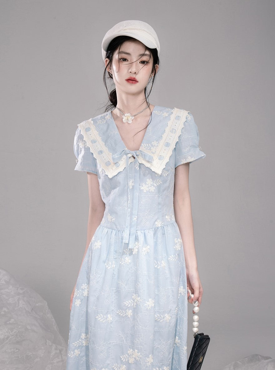 Blue Lace Collar Short Sleeve Dress COT0320