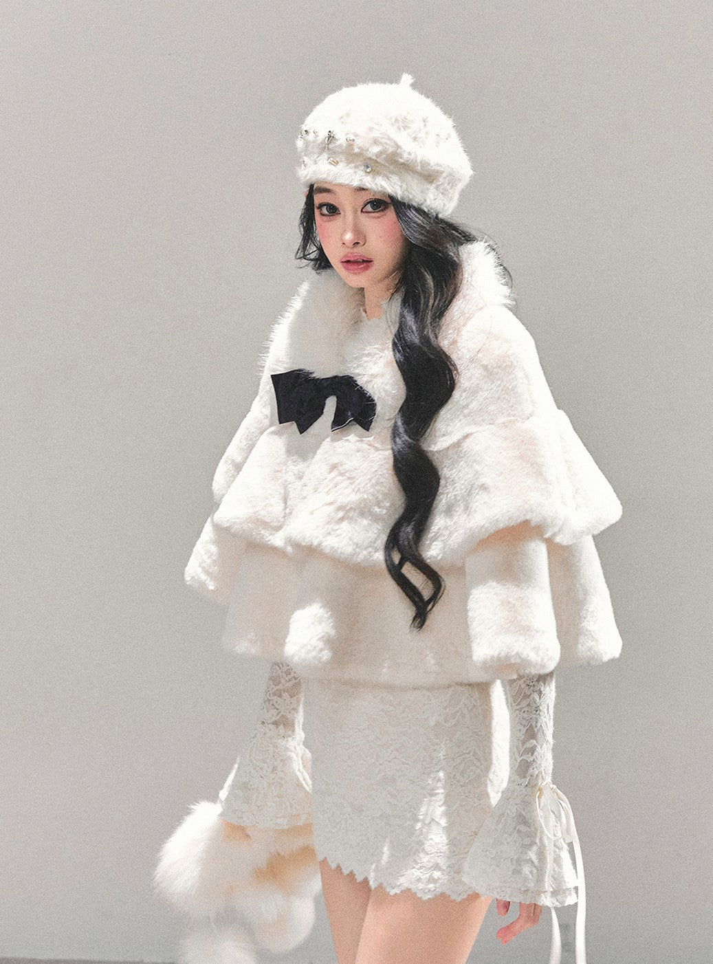 French-style Plush Ribbon Cape Coat DIA0674