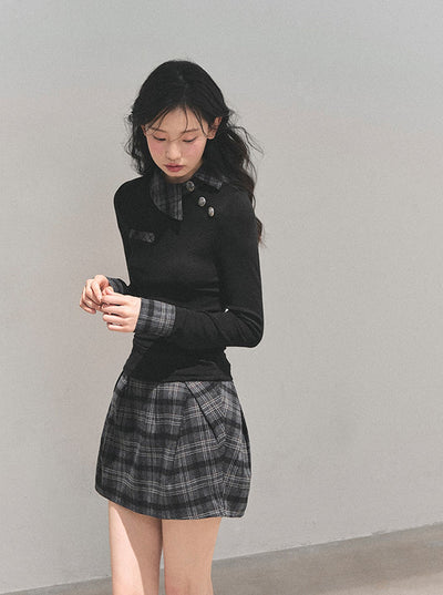 Black Plaid Collar Top/Plaid Short Skirt DIA0757