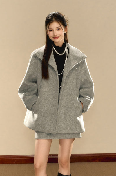 Grey High-end Beaded Loose Wool Jacket/Skirt OSH0088