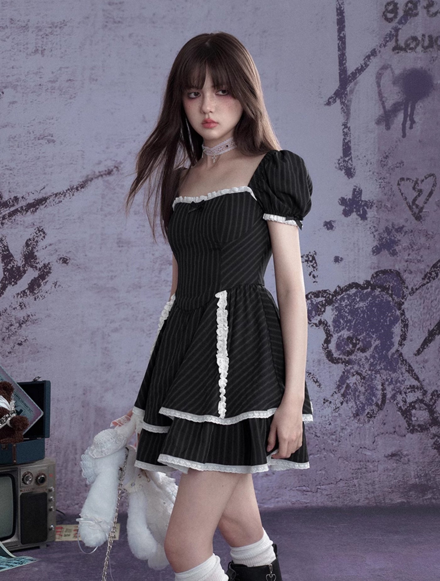 Black Striped Lace Cake Dress SAG0267