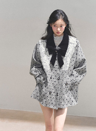 Detachable Bow Lace Plaid Coat DIA0767
