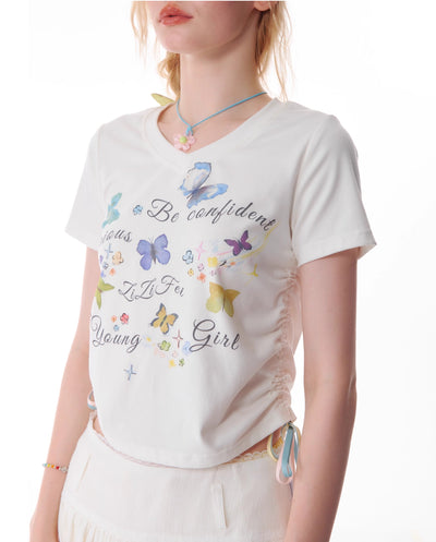 Butterfly Print Drawstring Slim V-neck Short-sleeved T-shirt ZIZ0124