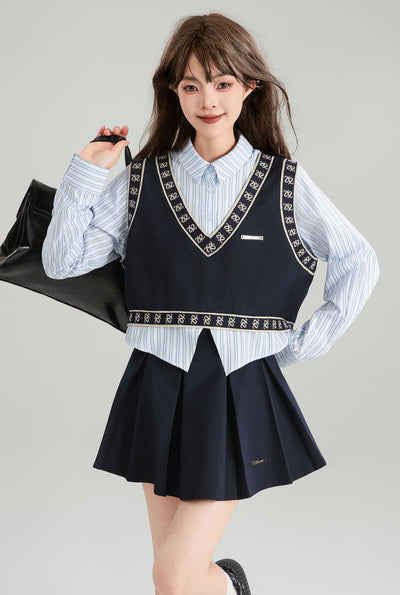 Patchwork Long-sleeved Fake Two-piece Shirt/Skirt KEI0167