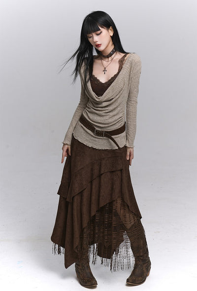 Velvet Brown A-line Cake Midi Skirt LAD0233