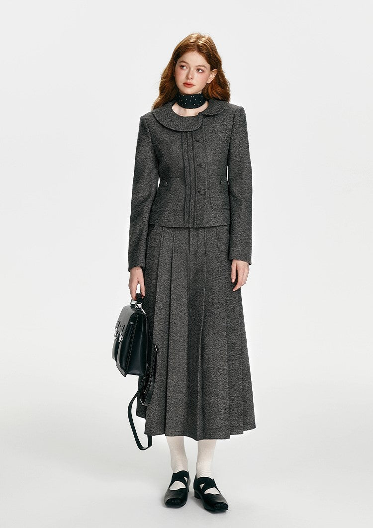 Simple Retro Tucker Line Jacket/Waist Wool Skirt BOH0089